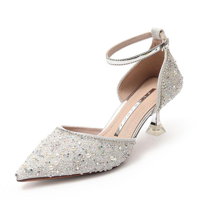 Women Pumps 2022 Newest Ankle Strap Crystal High Heels Shoes Woman Pointed Toe Thin Heel Wedding Party Shoes