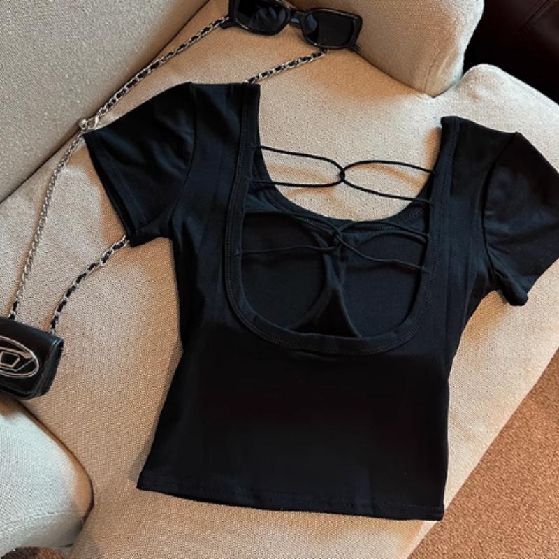 Spicy Girl Backless Hollow Short Sleeve Top with Chest Pads - Women's Petite Summer Design