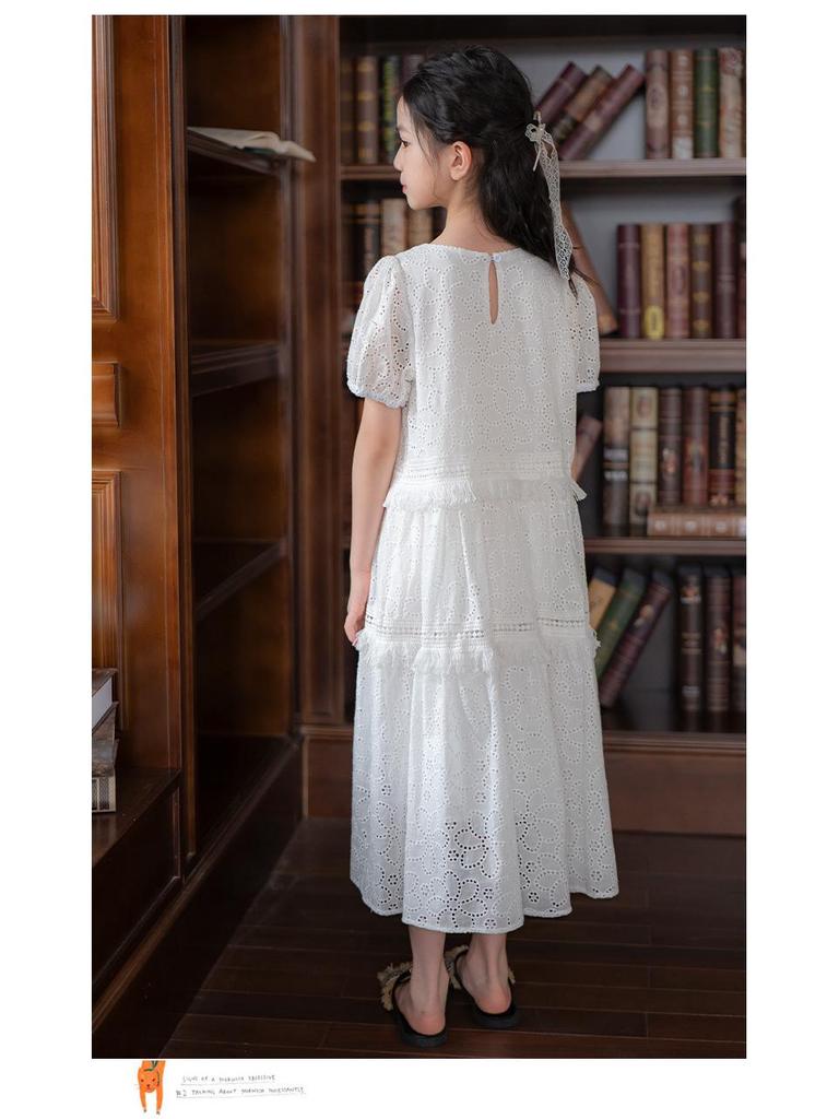 Girls' Embroidered White Cotton Dress – Sweet Bubble Sleeve Cake Design for Summer