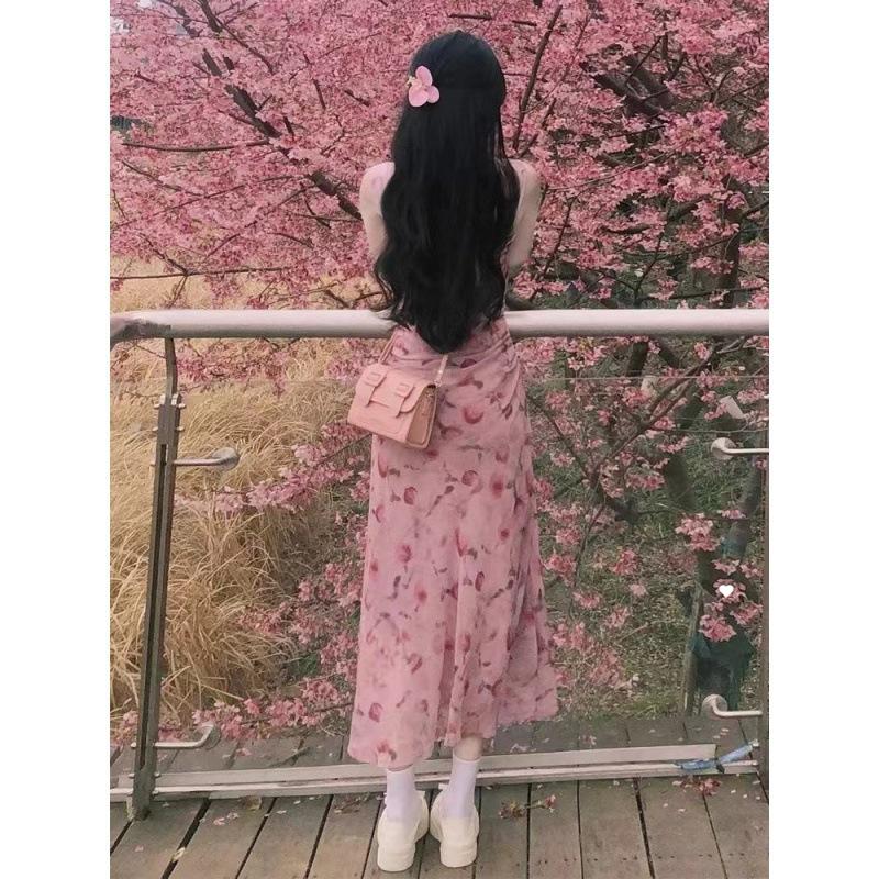 Pink suspender floral dress female summer new fairy temperament slim and thin waist long skirt
