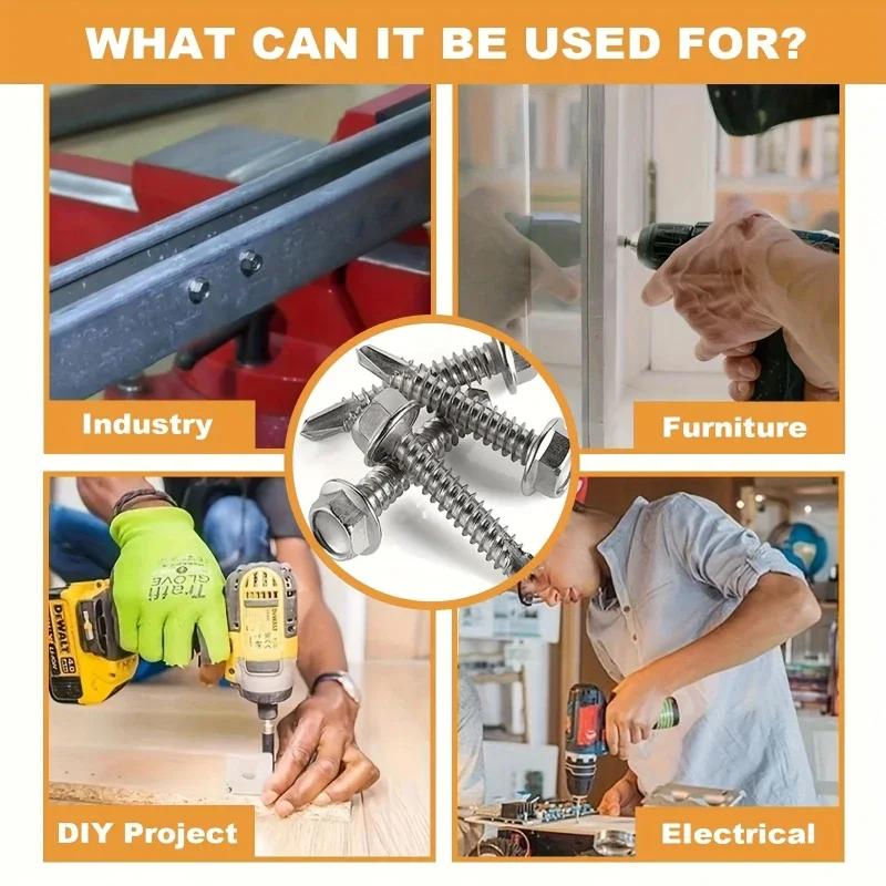 250pcs 410 Stainless Steel Self-Tapping Screws Kit , Hexagonal Self-Drilling Screws for Metal/Furniture