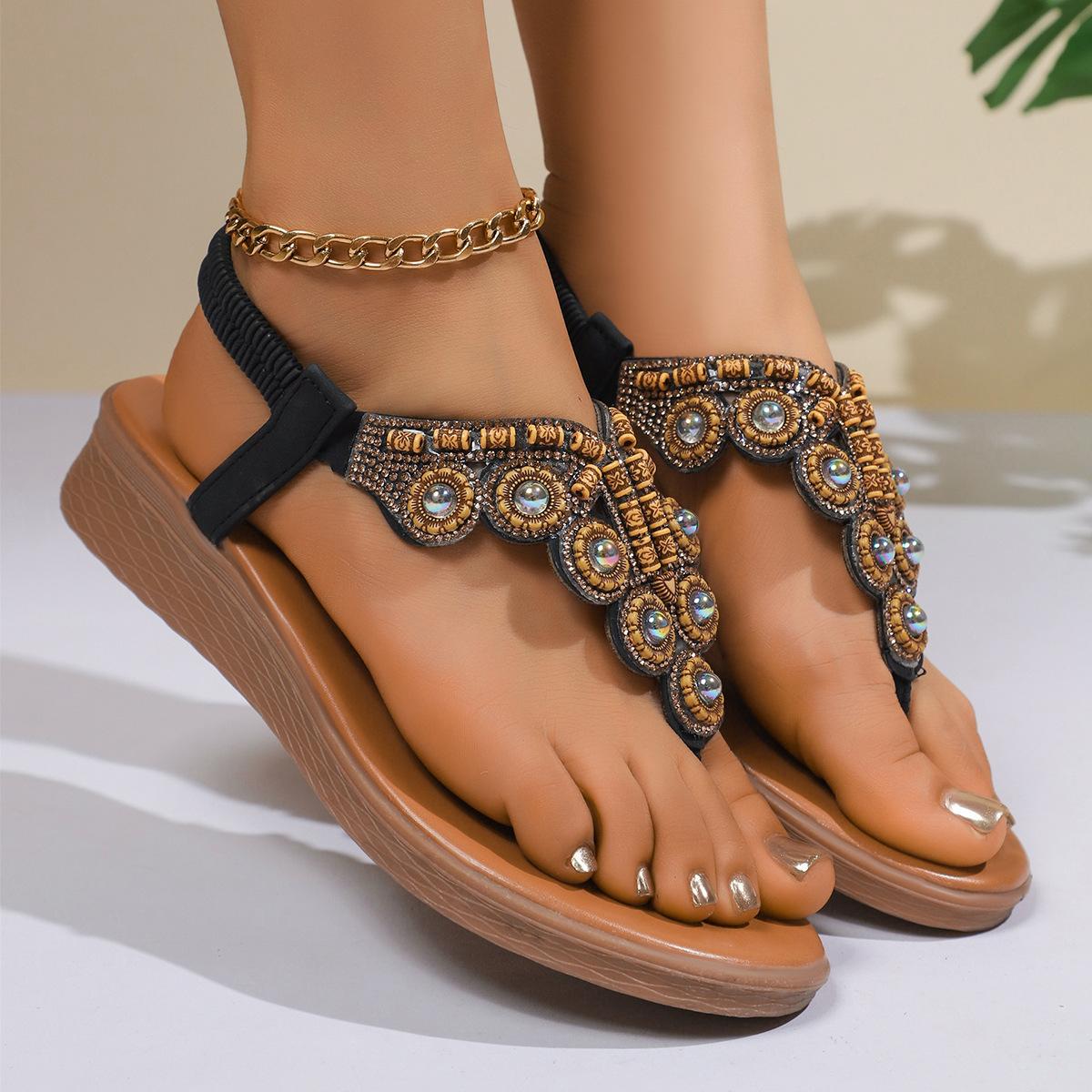 

Fashion Summer 2025 Bohemian Women s Sandals Elastic Buckle Beaded Strap Roman Style Shoes Comfortable Outwear Wedge Sandals for Women 36 чёрный