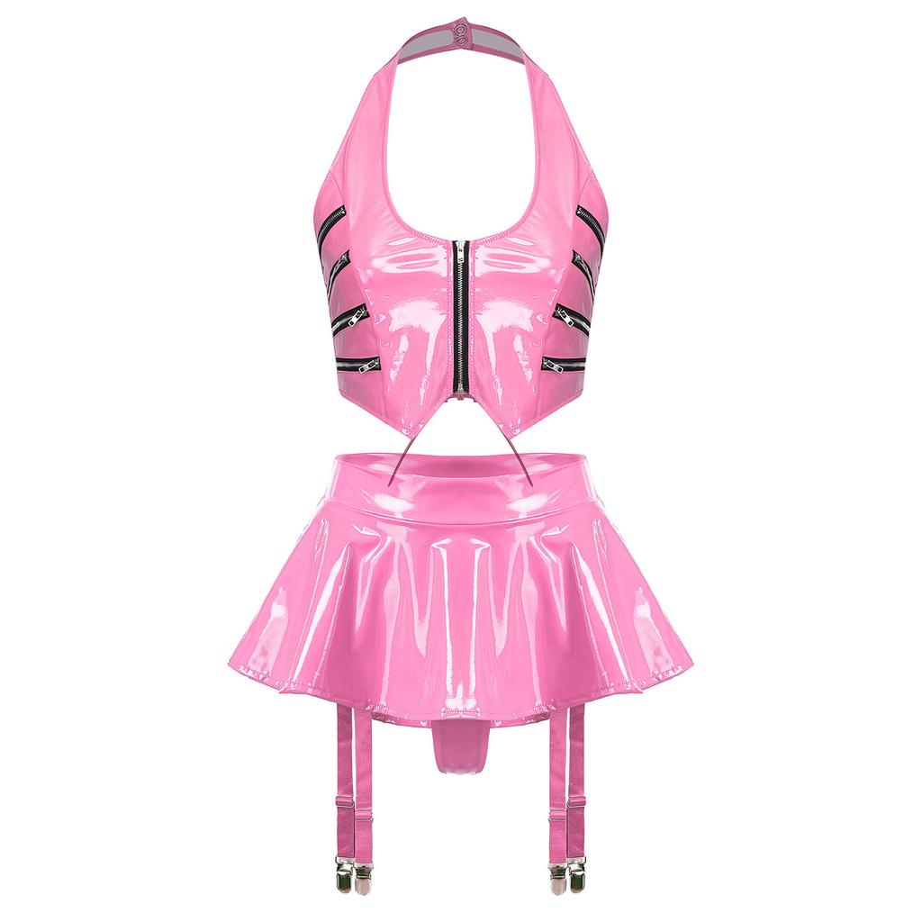 Women PU Leather Crop Top Halter Back Lace Up Built-in Briefs Miniskirt Garter Clips Clubwear Set