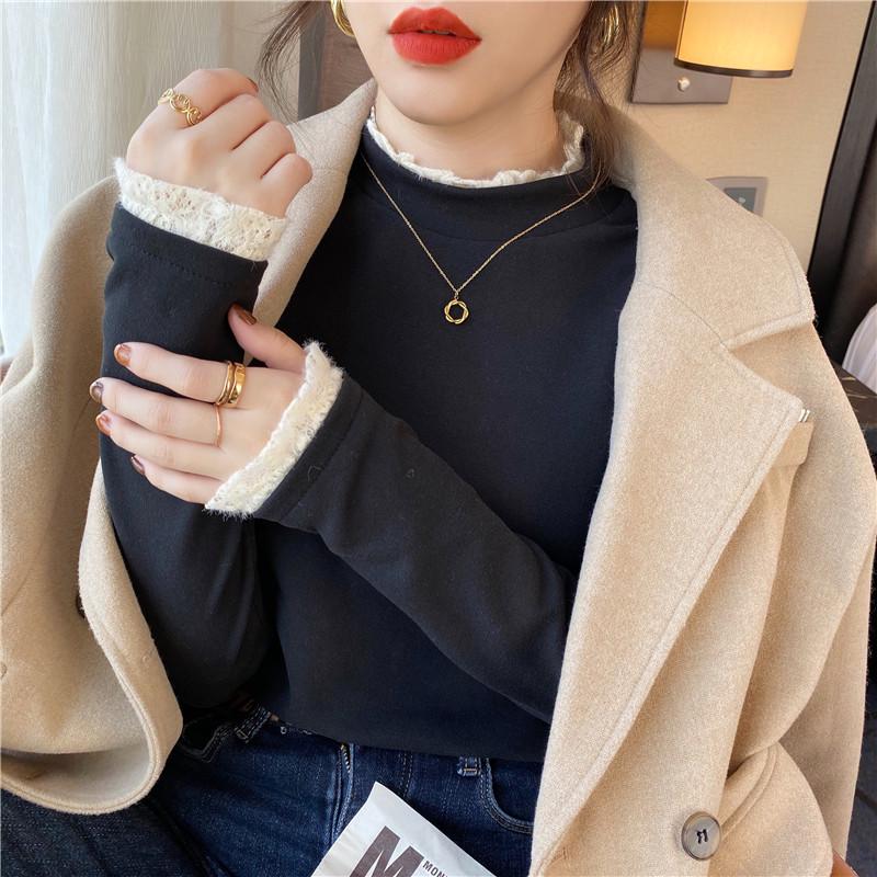 Lace-Trim Semi-High Neck Long-Sleeve Top - Autumn/Winter Collection XL