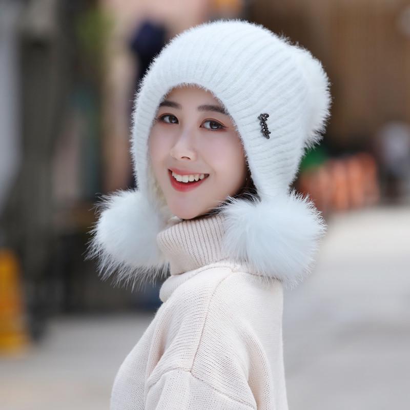 Neue Hohe Qualität Warme Mütze Frauen Kaninchen Fell Winter Hut Weibliche Mode Fügen Pelz Gefüttert Pompons Gestrickte Hut