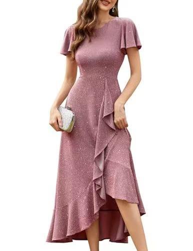 European and American women's clothing new high-waisted split ruffle edge dress cocktail party elegant shiny dress