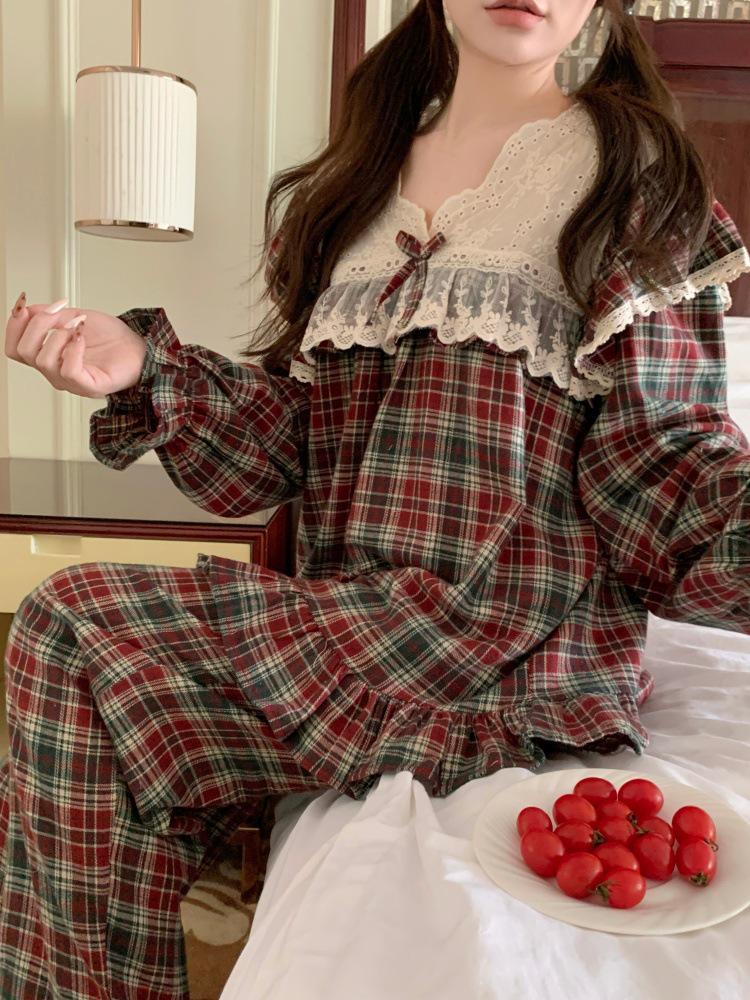 

Рождественская клетчатая пижама для пары в корейском стиле: Милый принцессный дизайн, матовая ткань, комплект домашней одежды с длинным рукавом, осень/зима One Size