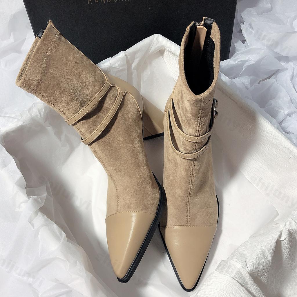 Mode Skor för Kvinnor 2025 Nya Designer Spänne Blixtlås Bak Kvinnors Stövlar Klassiska Kvinnor Högklackade Ankelstövletter Damer Sexiga Spetsiga Skor