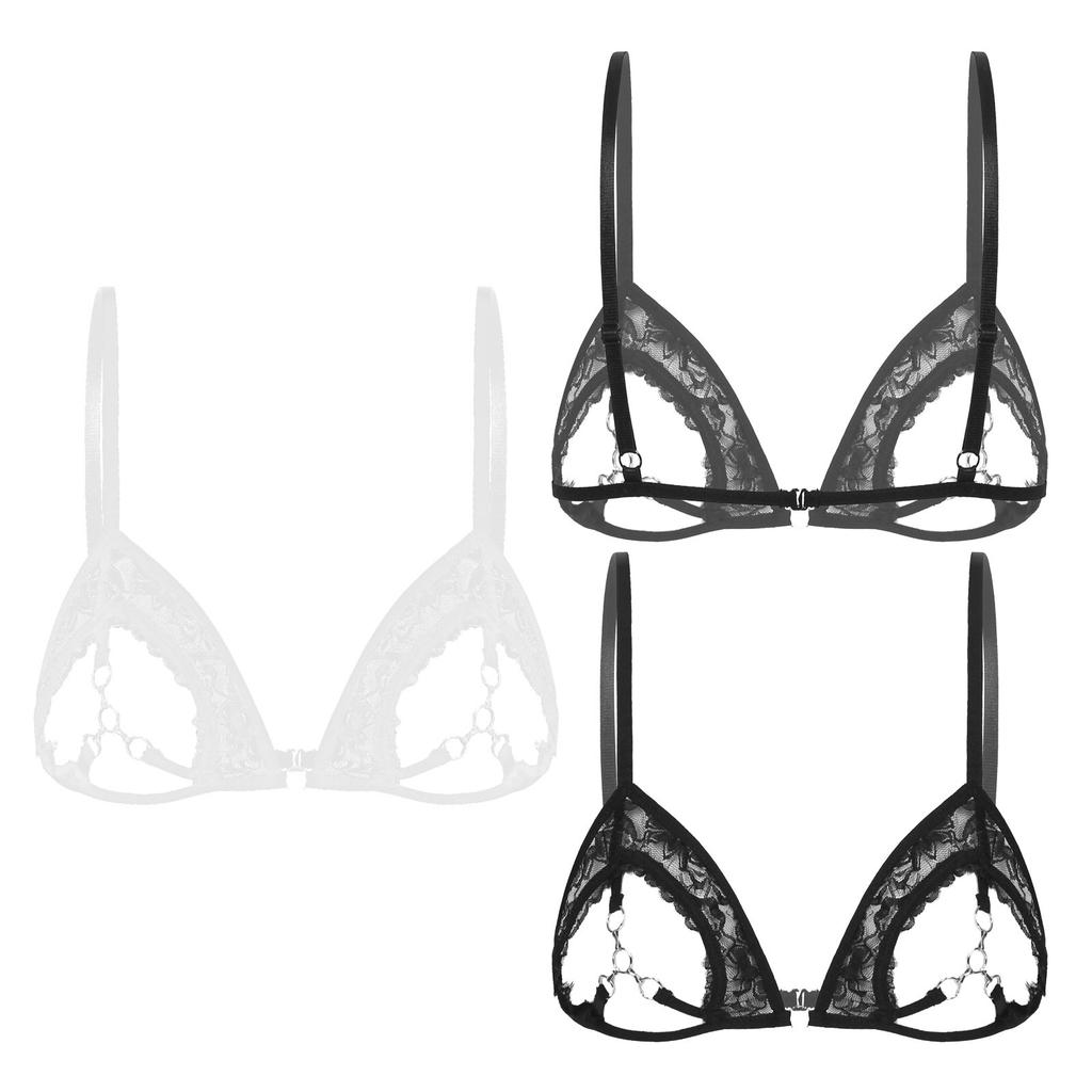 Top de Sutiã de Renda Transparente Feminino Alças Finas Ajustáveis Design de Copa Aberta Detalhe de Anel de Metal no Busto