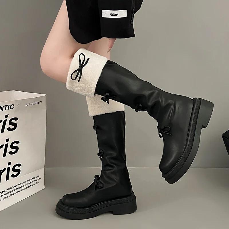 Fashion Women's Shoes Back Zip Women's Boots  Round Toe Modern Boots Women Winter Butterfly-knot Knee-High Boots