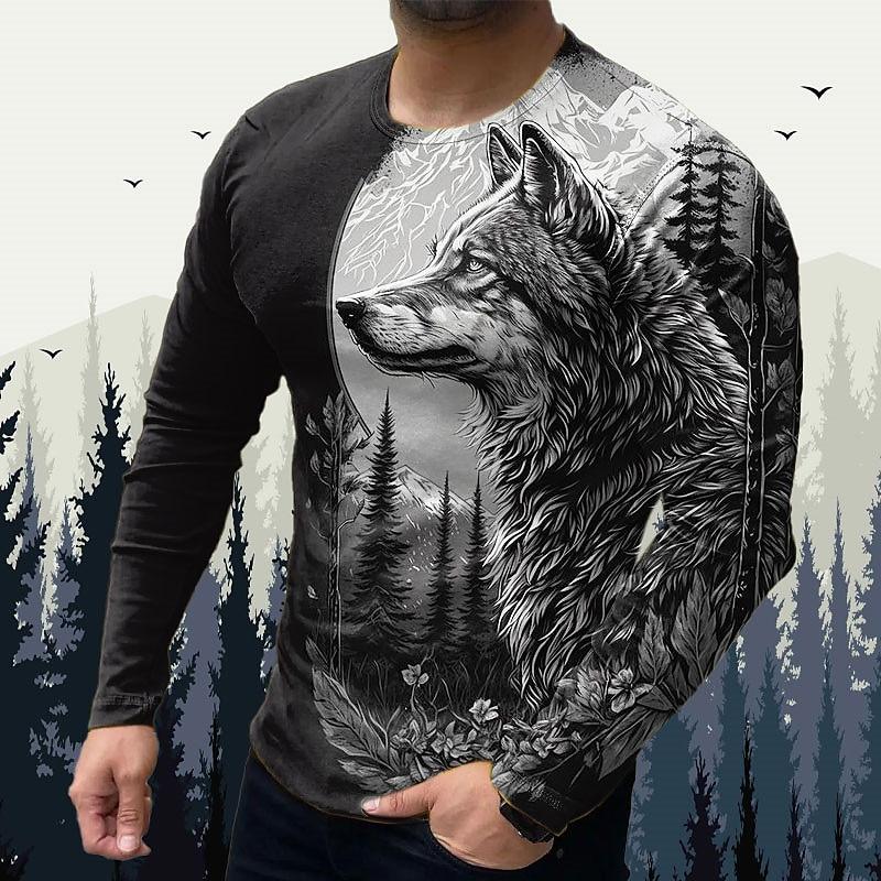 Round Neck 3D Wolf Printed Top Casual Long Sleeved Men's T-shirts - Soft Medium Stretch Polyester Fabric Spring and Autumn Relaxed Fit Clothing