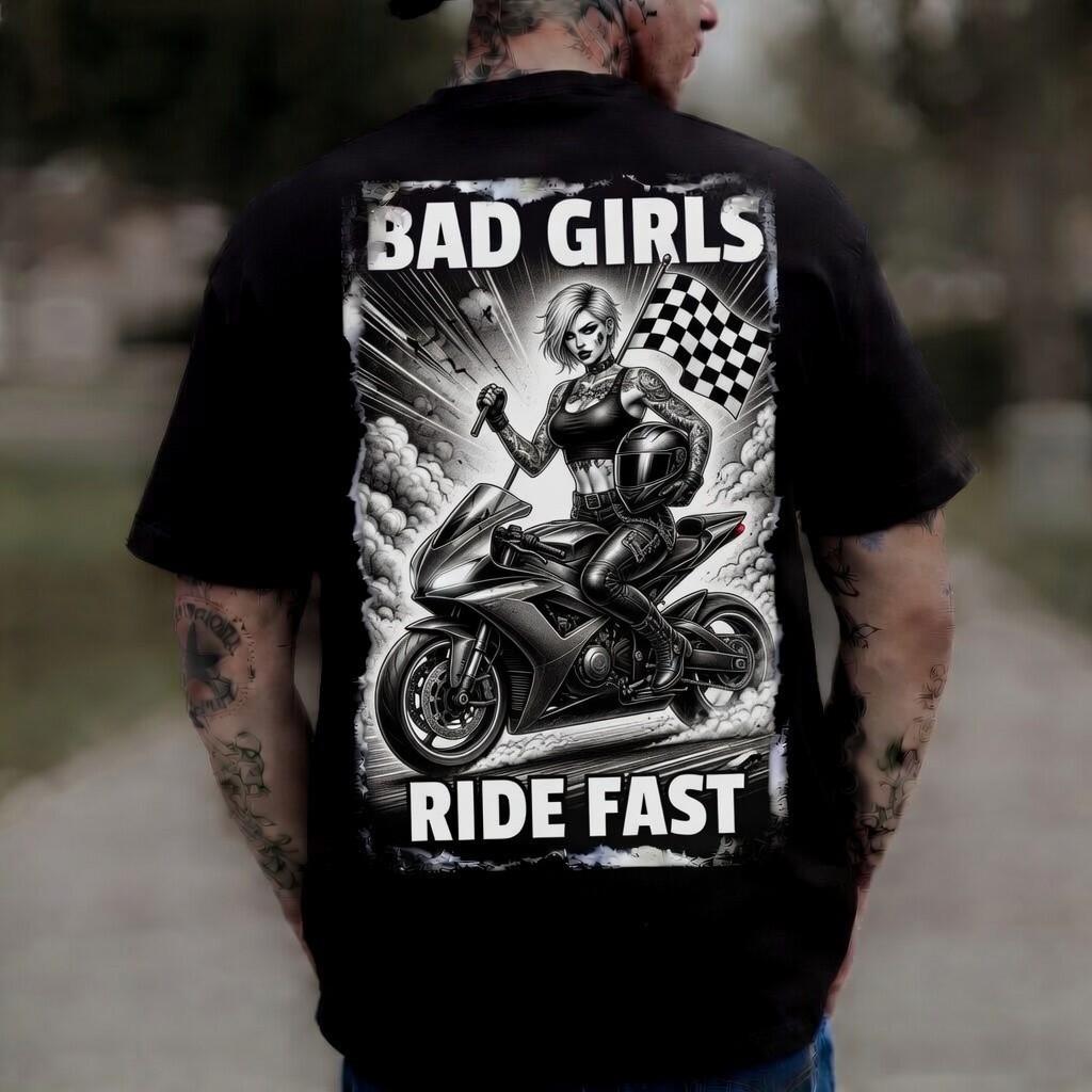 Bad Girls Ride Fast Black Graphic Racing Tattoo Edgy Tee Unisex T-Shirt S