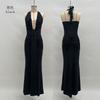 New Women's Long Dress Solid Color Elegant Neck Deep V Waist Sexy Backless Streamer Fishtail Skirt