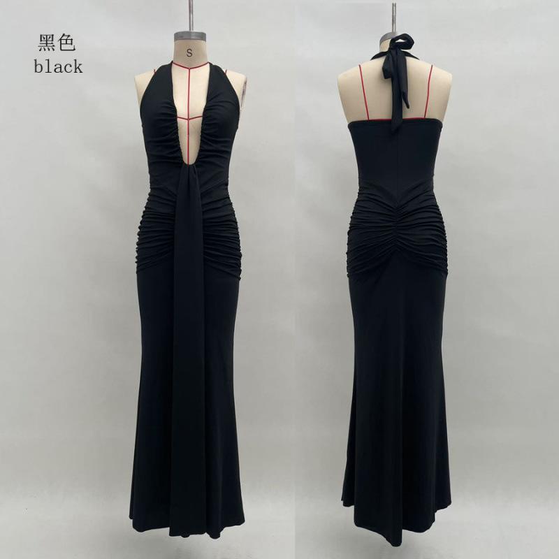 New Women's Long Dress Solid Color Elegant Neck Deep V Waist Sexy Backless Streamer Fishtail Skirt
