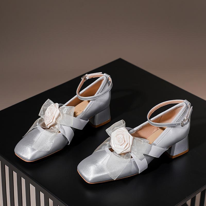 57709 [sheepskin] High Heels Women's Thick Heel New Square Head Word with Mary Jane Shoes Light Mouth Flower Single Shoes