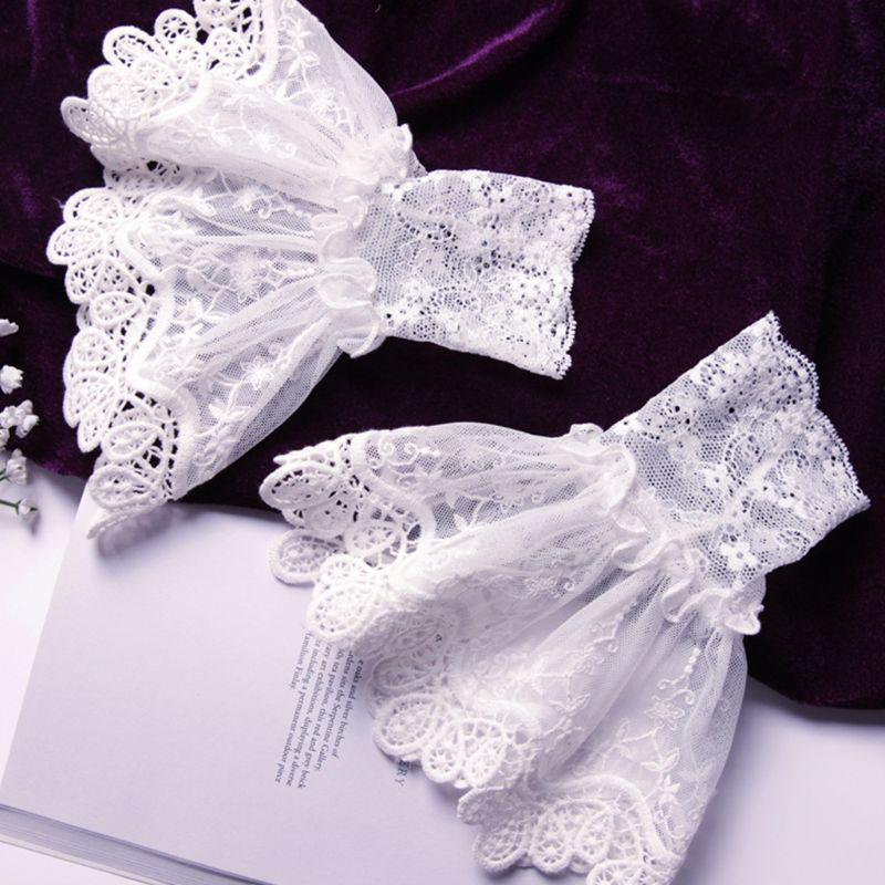 1pair Female Sweater Fake Sleeves Hollow Out Crochet Floral Lace Horn Cuffs Embroidery Flounces Ruffles Elastic Wrist Warmers