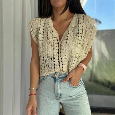 Fashion One Size Sleeveless Solid Color Hollow Out Knitted Pullover Vest Top For Ladies