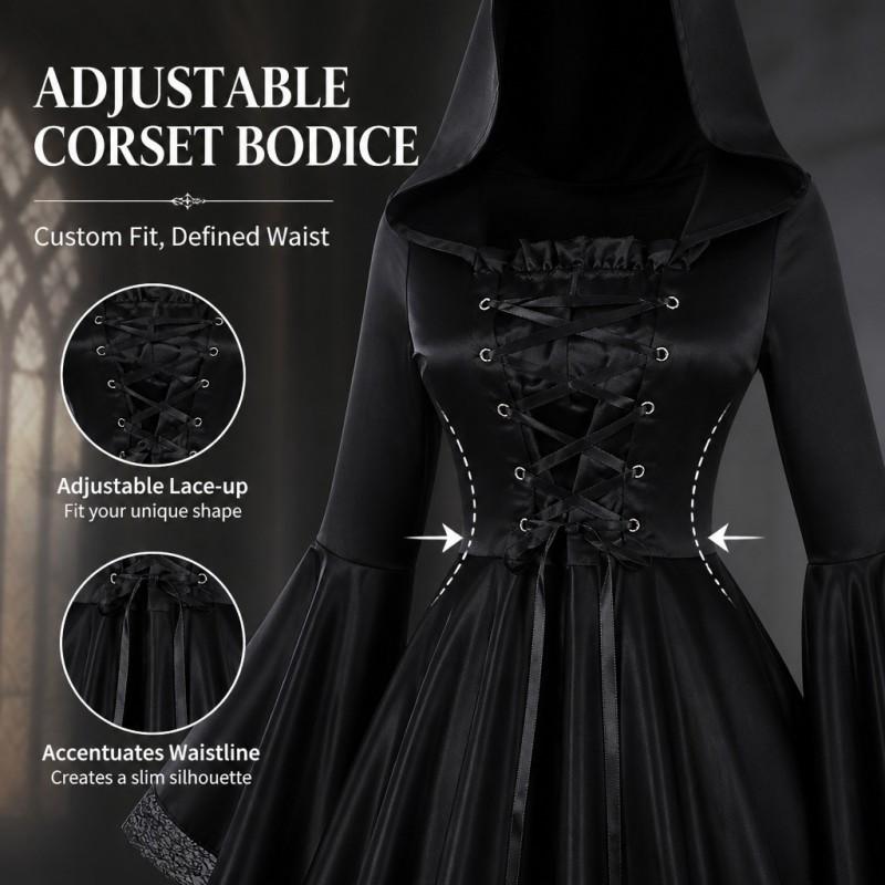 Gotisches Mittelalterliches Langkleid mit Kapuze Kostüm Halloween Hexe Cosplay Bühnenperformance