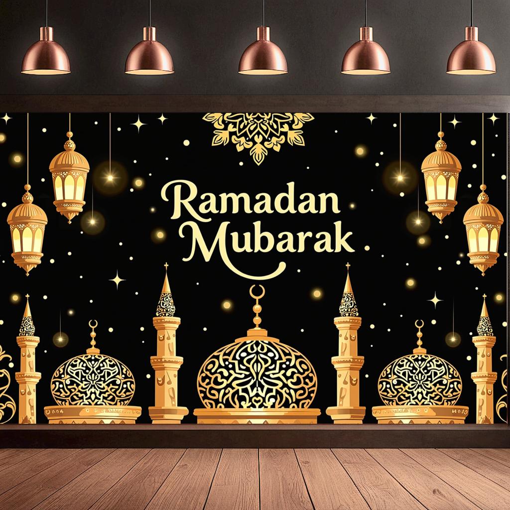 Ramadan Mubarak Banner Backdrop Lanterns Crescent Stars Mosque Party Celebration Ramadan Kareem Photography Decorations Props