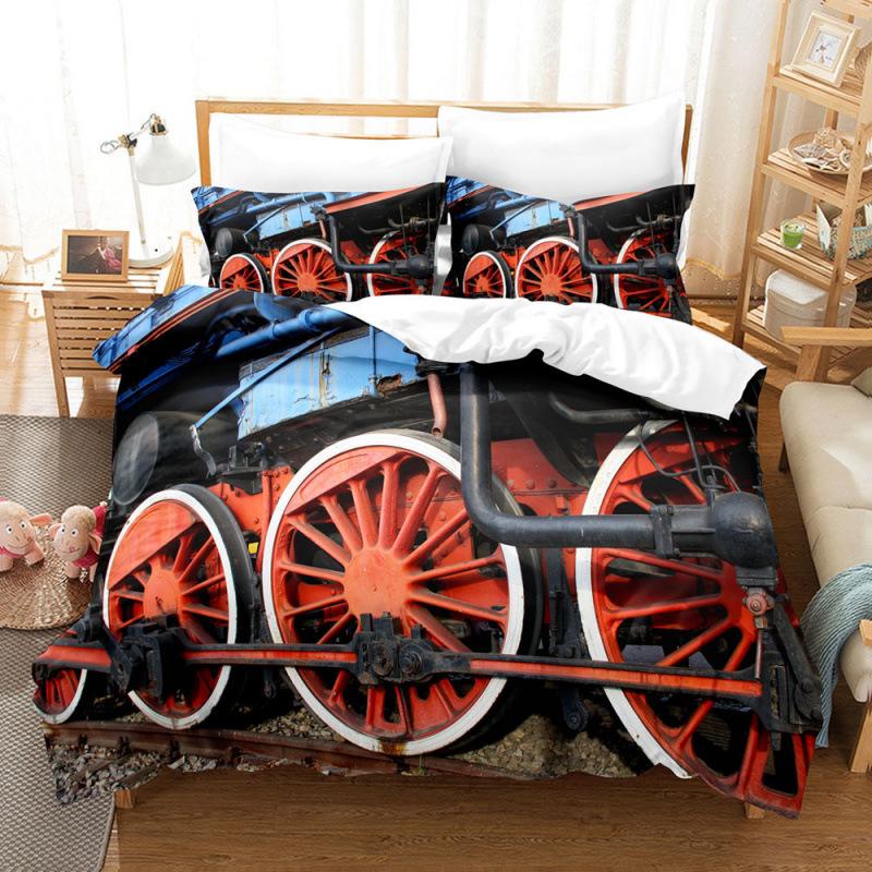 Steam Locomotive, Old-Fashioned, Shabby Train, Transportation, Digital Printing, Three-Piece Bed Sheet