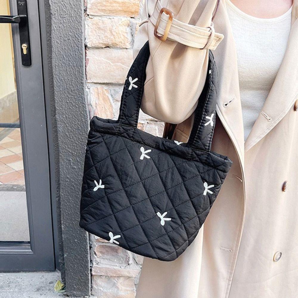 Fashion Nylon Bucket Bag Ins Style Portable Handbag Bow Embroidered Jacket Bag Outdoor Activities