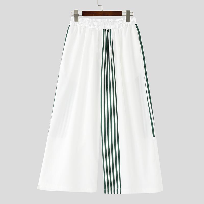 

INCERUN Мужские брюки с эластичной талией, в полоску, с отстрочкой, повседневные, широкие штанины XL зелёный