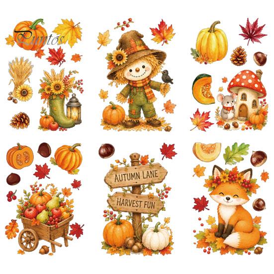 Harvest Festival Window Decor 6 Sheets Autumn Stickers, Thanksgiving Cartoon Static Cling Decorations with Fall Art Pumpkins Maple Leaves Scarecrows