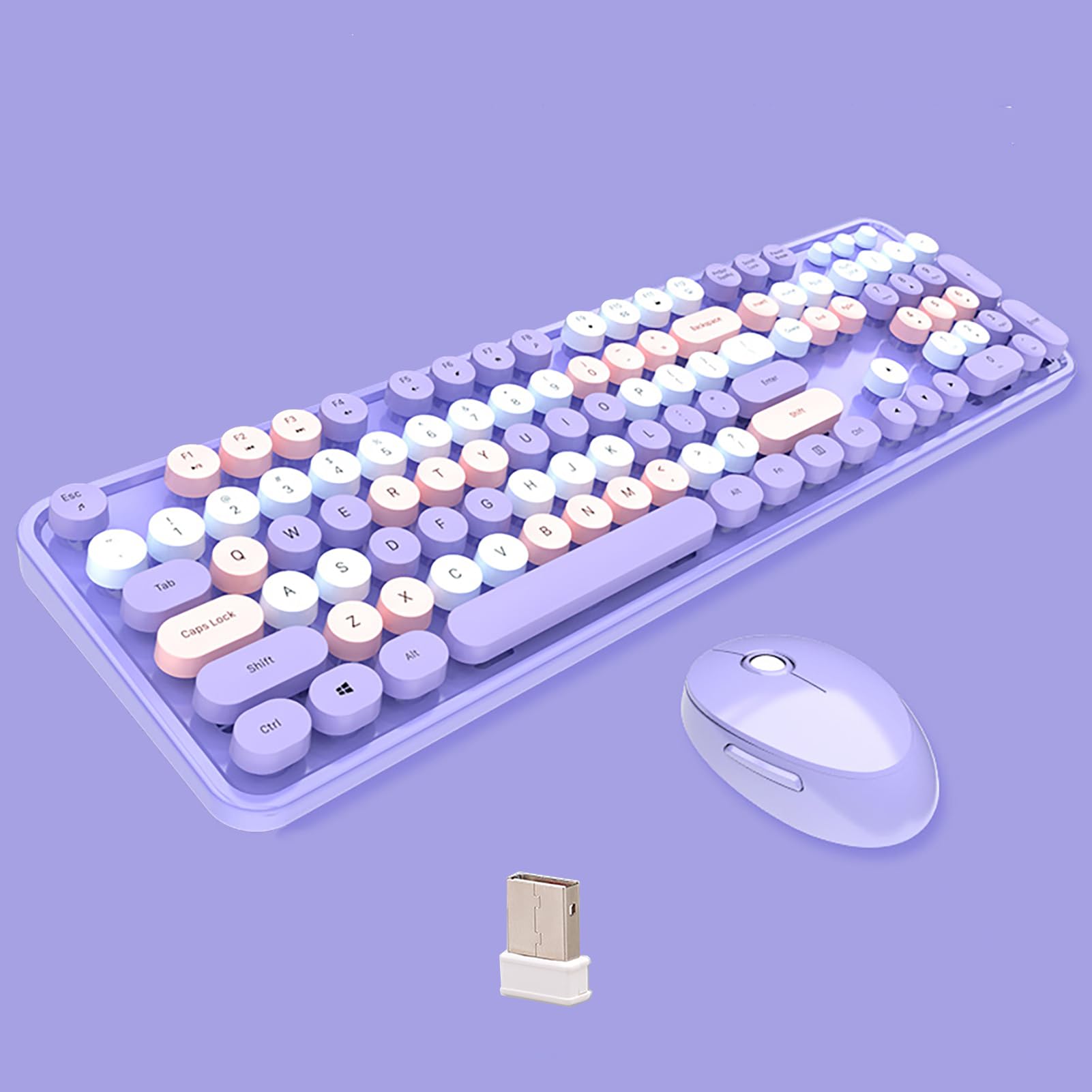 

USB Wireless Keyboard and Multicolor Typewriter Style Round Cute Candy Compatible with Laptops and English Layout 2.4G Mouse, Keycaps, Colors, PCs,