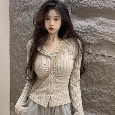 Maillard Collar Knitted Cardigan Women's Spring Autumn Spicy Girl Tight Fitting Top Irregular Thin T-shirt Small Fresh T-Shirts Women’s