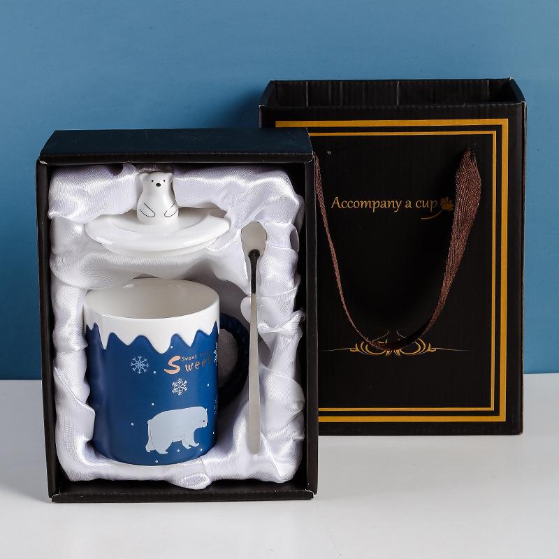 Cute Polar Bear Ceramic Mug With Lid Spoon Coffee Cups Creative Drinkware Coffee Tea Milk Cup Gifts