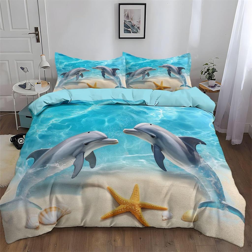 3D Dolphin Duvet Cover Set, Underwater World Duvet Cover and Pillowcases,Dolphin,Tropical Fish,Coral Ocean Bedding Set with Zip
