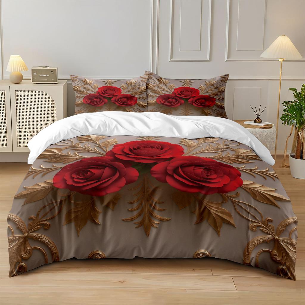 Bed Three-Piece Rose 3D Digital Printing Abrasive Pillowcase Quilt Cover Kit