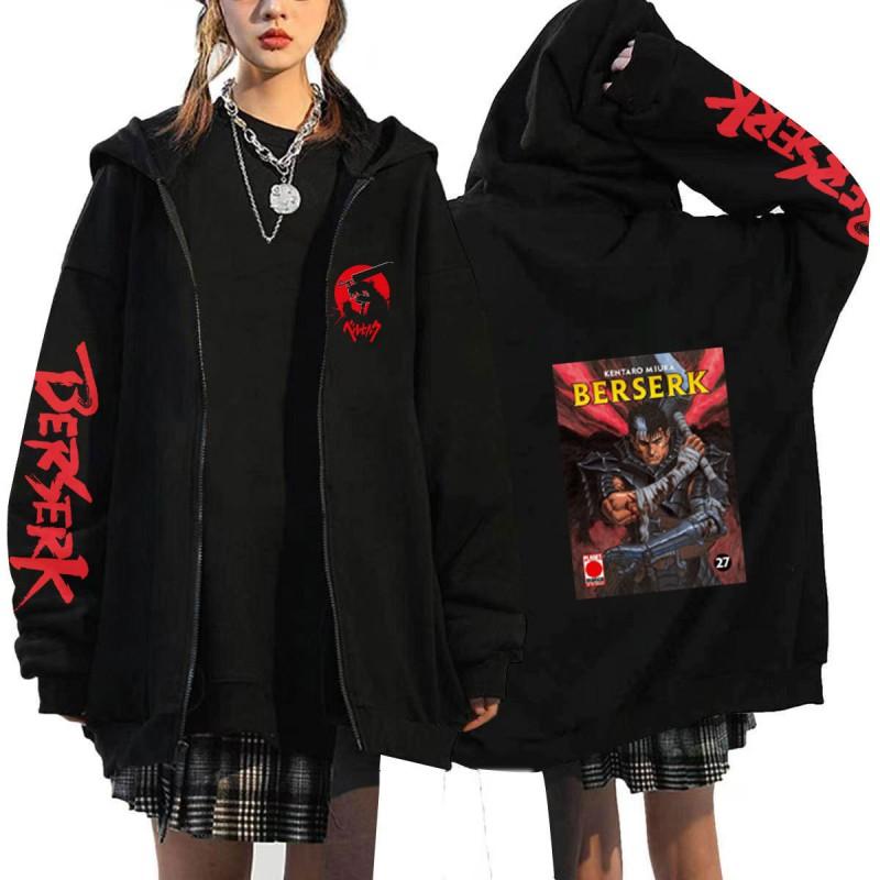 Berserk Anime Hooded Zip-Up Sweatshirt Men Oversized Fleece-Lined Pullover With Drawstring Cap Side Pockets