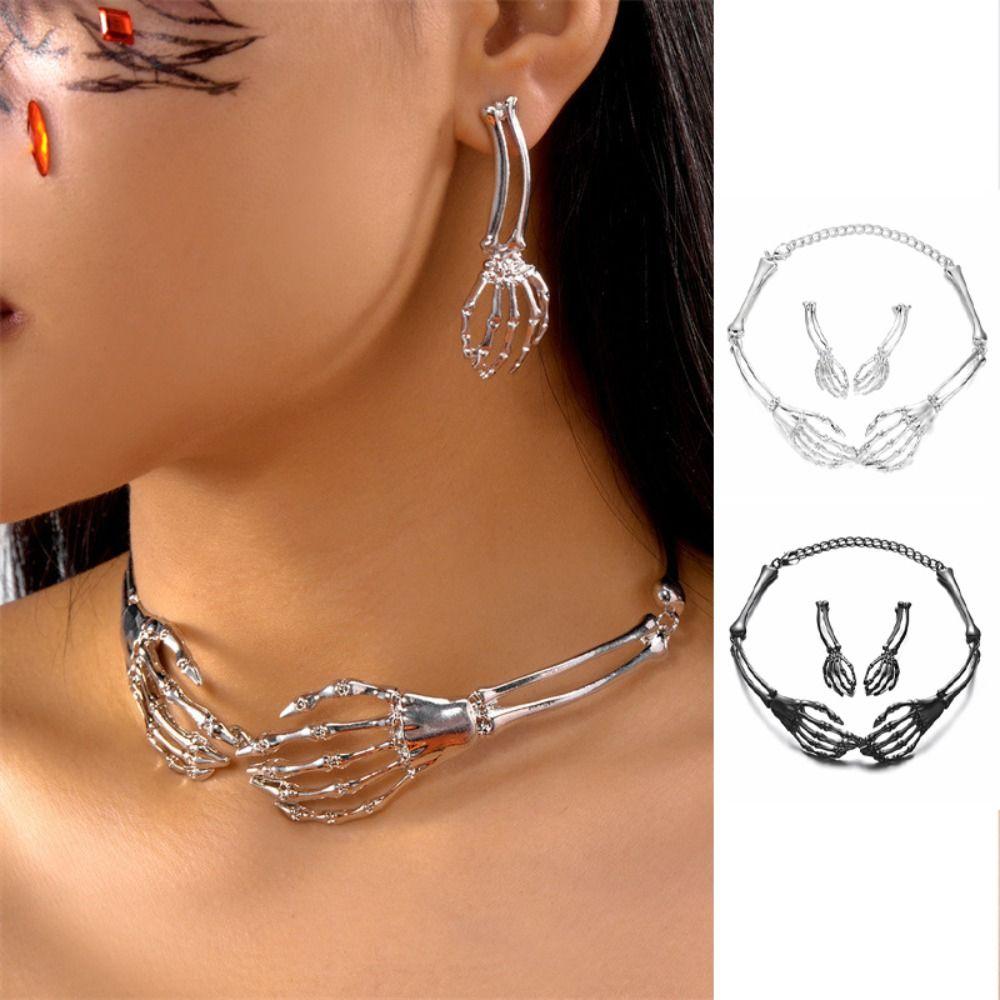 Hip Hop Chains Choker Earrings Set Halloween Punk Necklace Earring Skeleton Jewelry Suit Gift