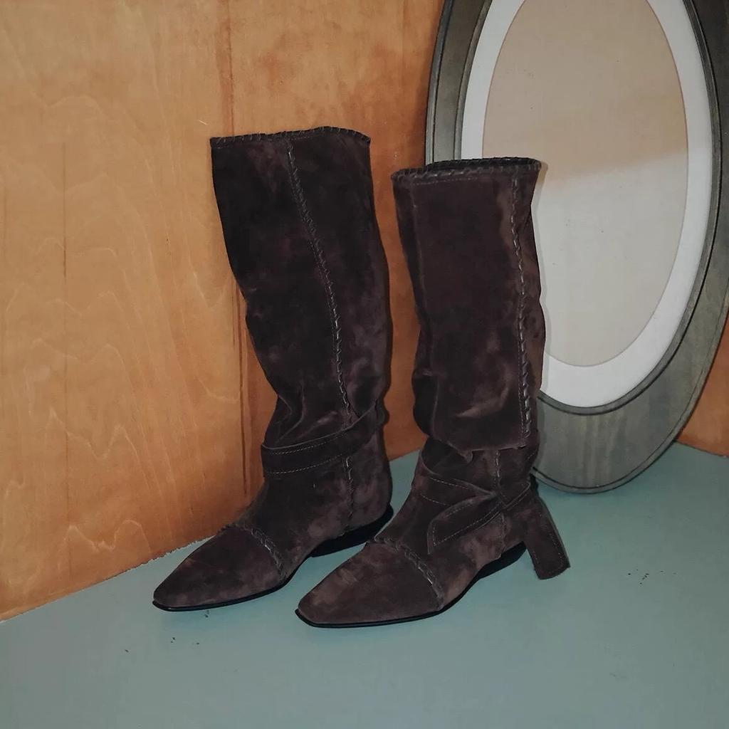 Sheepskin Version~ European and American Style Niche Pointed Hand-strung Rope Western Cowboy Boots Women's Autumn and Winter New Medium and High Boots