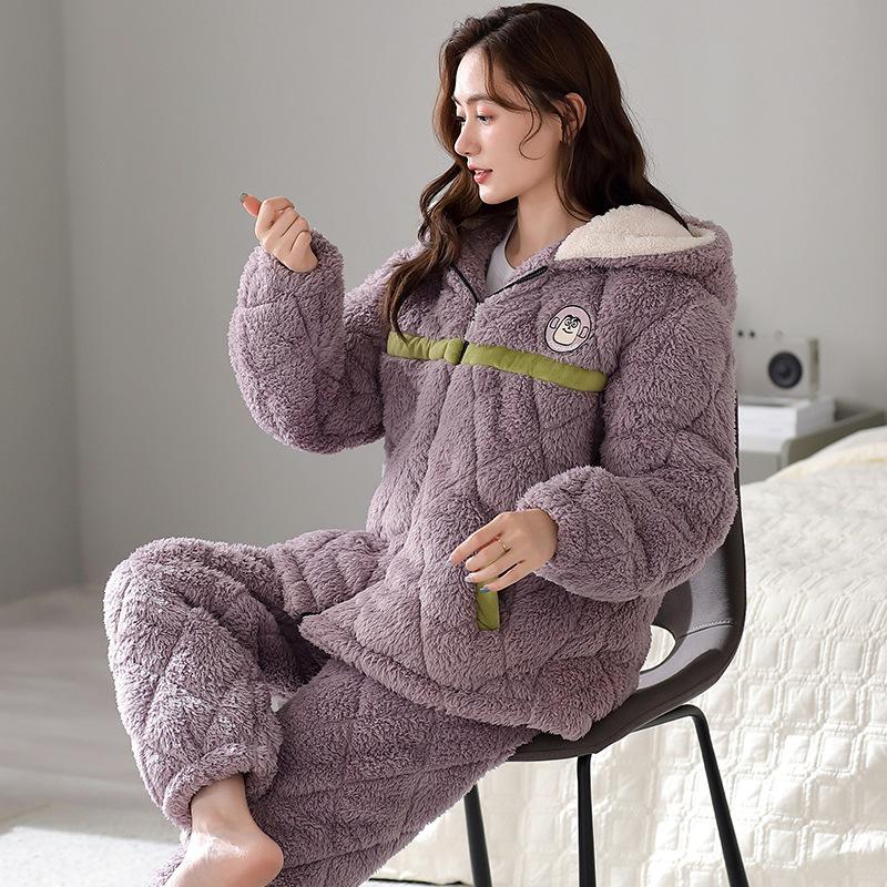 Coral Velvet Quilted Pajamas Women's Winter Three Layer Thick and Fleece Home Wear Women's Winter Flannel Thermal Set