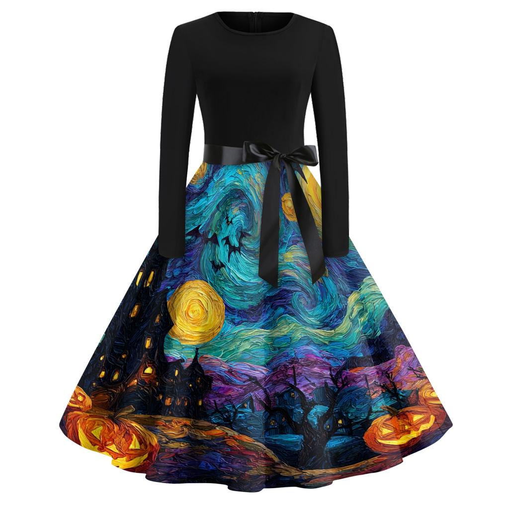 Women's Casual Vintage Halloween Dress Long Sleeve Round Neck A-Line Retro Print Midi Dress with Waist Tie for Autumn and Winter