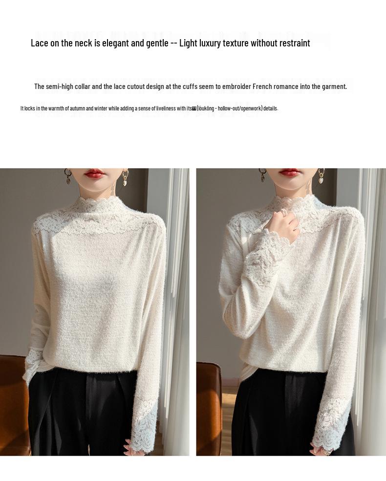 Cross 2025 Autumn/Winter Lace Color Block Knit Pullover with Half-High Collar and Long Sleeves