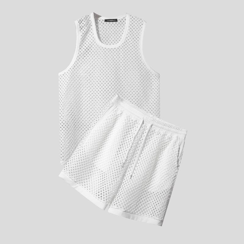 

INCERUN Two Pieces Men Hollow Out Sleeveless Tank Tops and Loose Shorts Outfits Sets 5XL белый