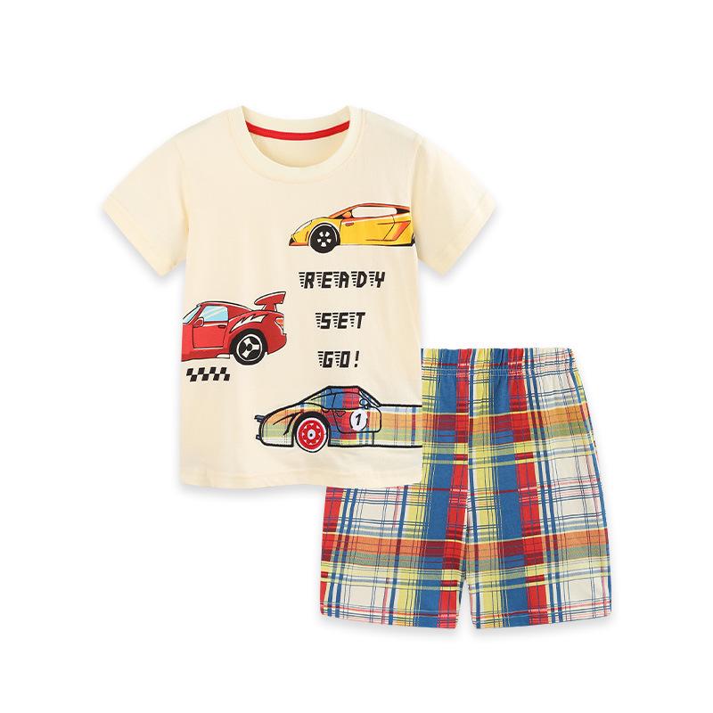 Boys  Car Print Short-Sleeved Top & Plaid Shorts Set - European & American Style 90cm