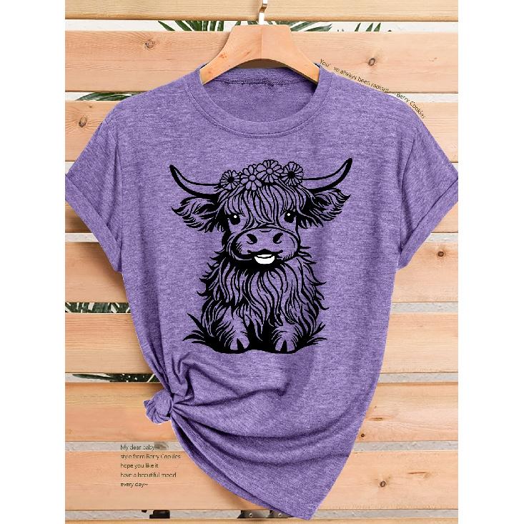 2026New women's short-sleeve shirt T Shirt Garland Highland Cow Print Elegant and versatile casual sports-style round-neck short-sleeve top for