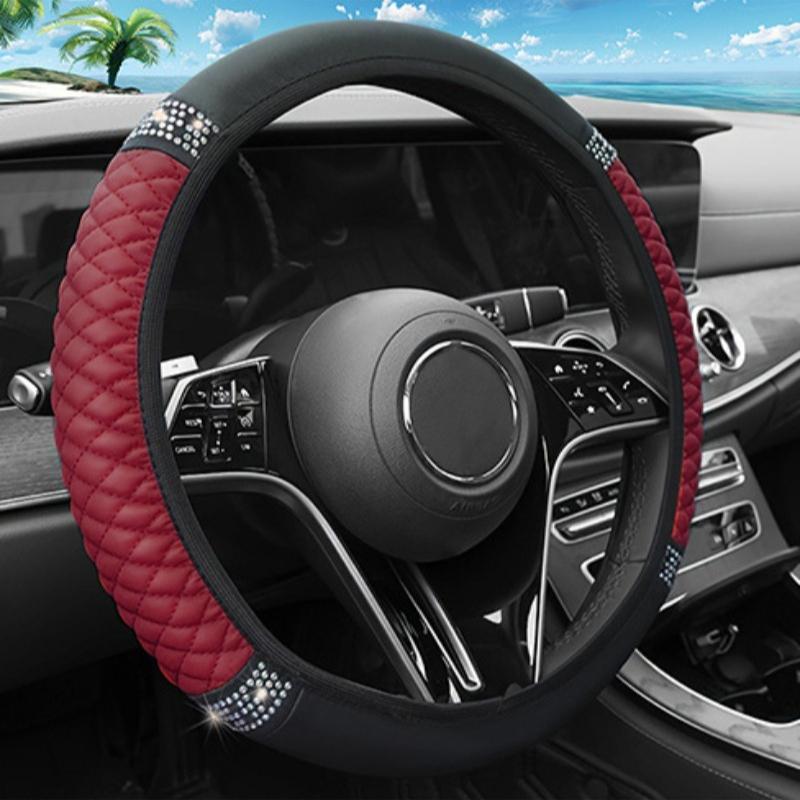 

37-38cm PU Car Steering Wheel Cover Without Inner Ring Three-dimensional Leather Embroidered Color Diamond-encrusted Accessories вина червоного кольору