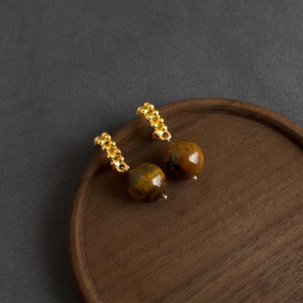 Retro Melaard Tiger's Eye Handmade French Light Luxury Stud Earrings for Women