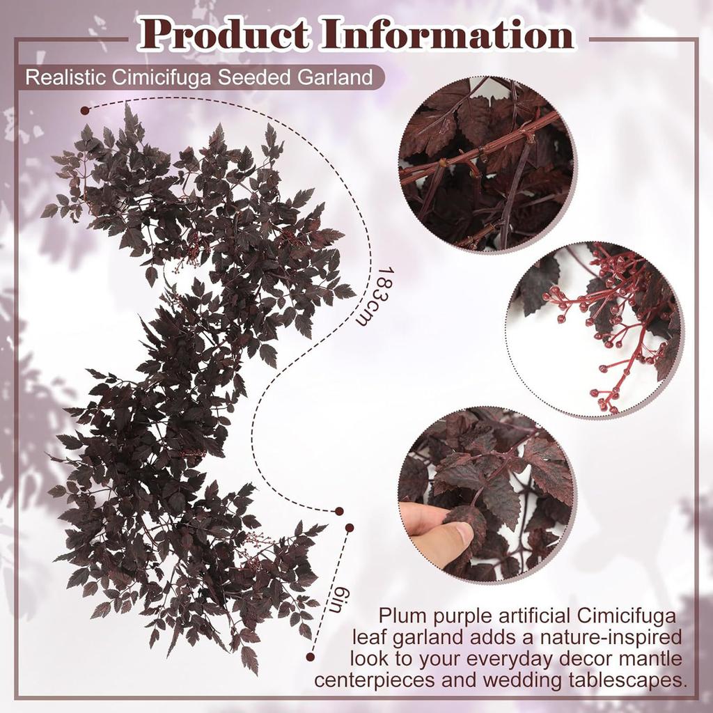 6FT Artificial Fall Leaf Vine Garland Plum Berry Neutral Mantle Fireplace Table Centerpiece Harvest
