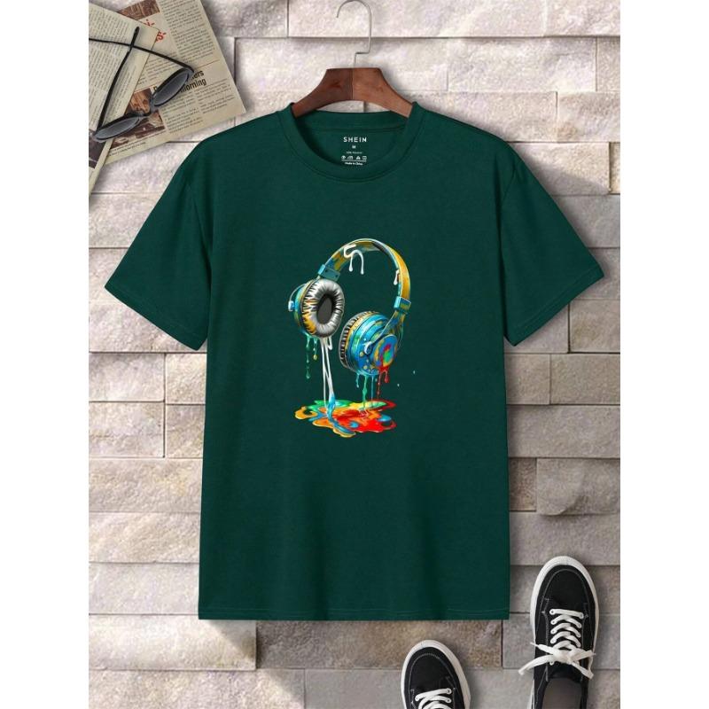 Summer Round Neck 3D Earphone Pattern Print Top Fashionable Casual Short Sleeved Men's T-shirts