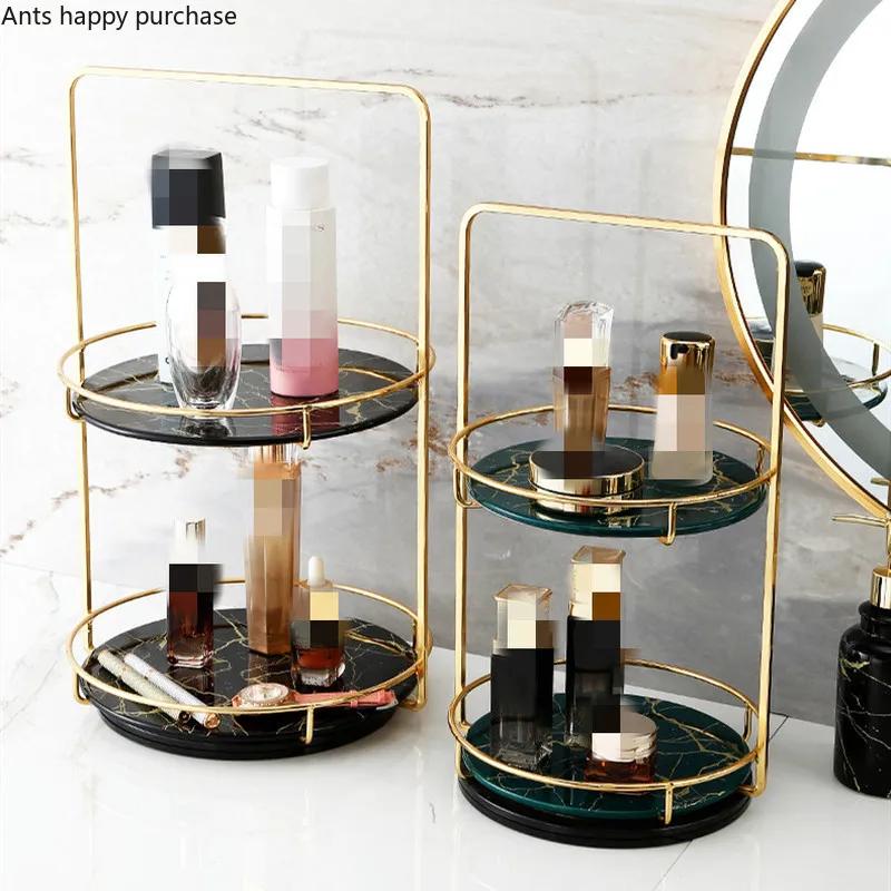 Home Bathroom Desktop Shelf Marbling Ceramics Iron Art Double Storage Rack Cosmetic Organizer Rotatable Storage Decoration Rack
