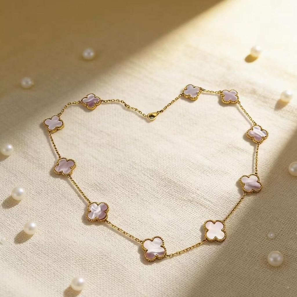 Four-Leaf Clover Titanium Steel Necklace with Natural Mother-of-Pearl