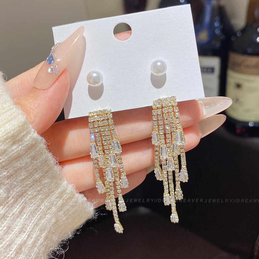 925 Sterling Silver Full Diamond Tassel Earrings – High-End European & American Style, Super Shiny, Luxurious Ear Jewelry for Women.