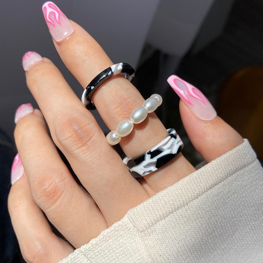 iF ME Set de 3 bucăți/set de inele din rășină cu perle de moda coreeană cu imprimeu leopard Inele maro negre accesorii femei