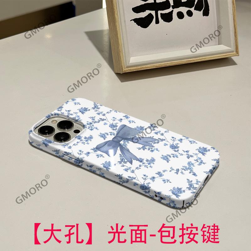 Blue floral bow iPhone17 high-end film, Apple 16Pro anti-drop mobile phone case.